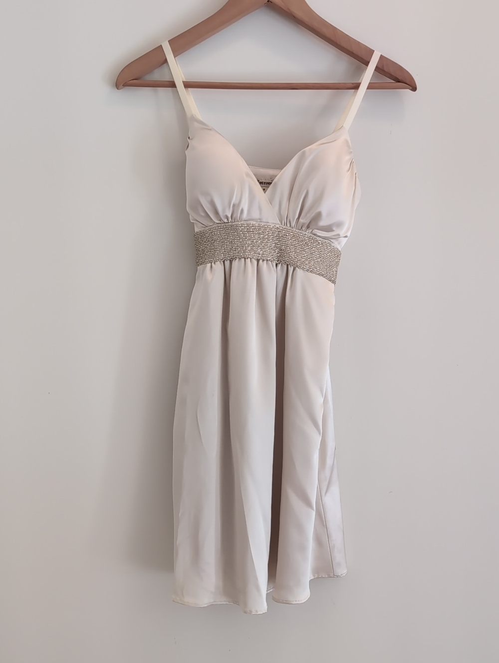 Cream Spaghetti Strap Dress with Embellished Waist